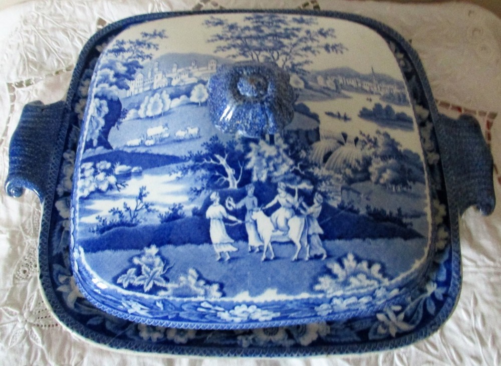 antique english georgian blue and white transfer europa pattern pottery vegetable dish and cover john and richard riley