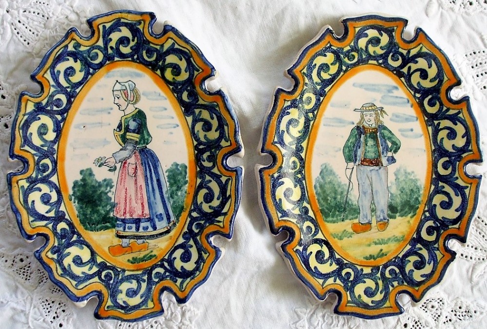 pair of antique hr quimper french faience pin trays