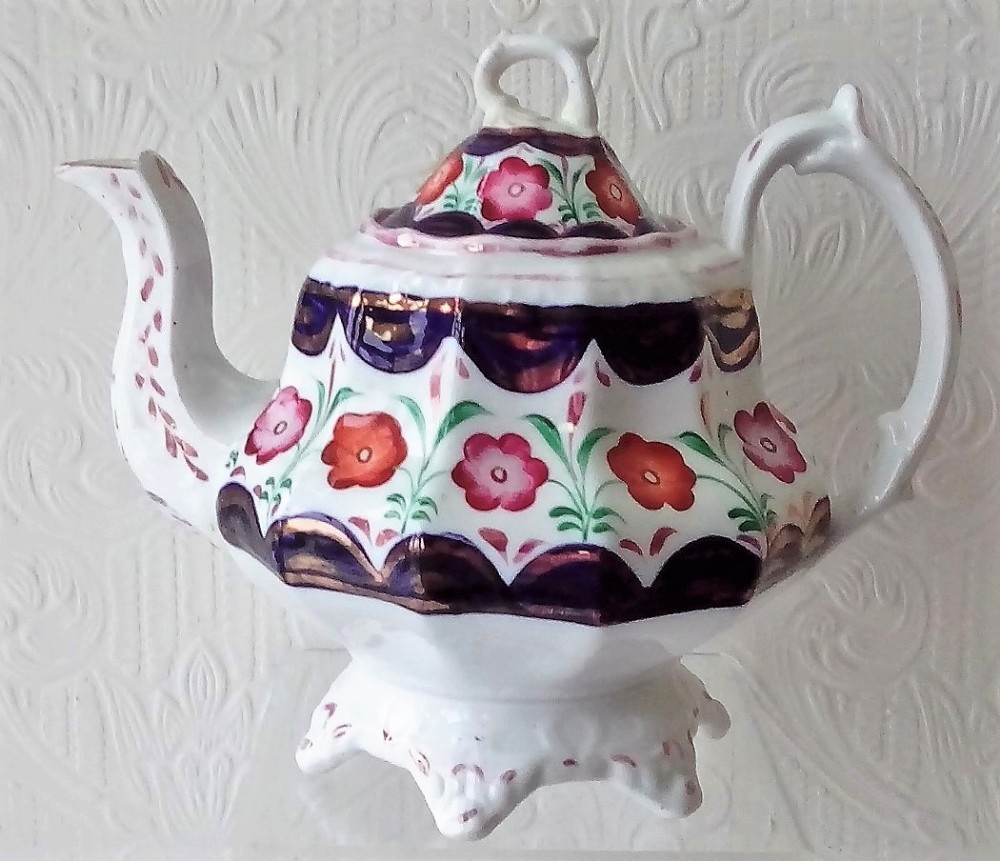 antique victorian gaudy welsh maypole pattern pottery teapot