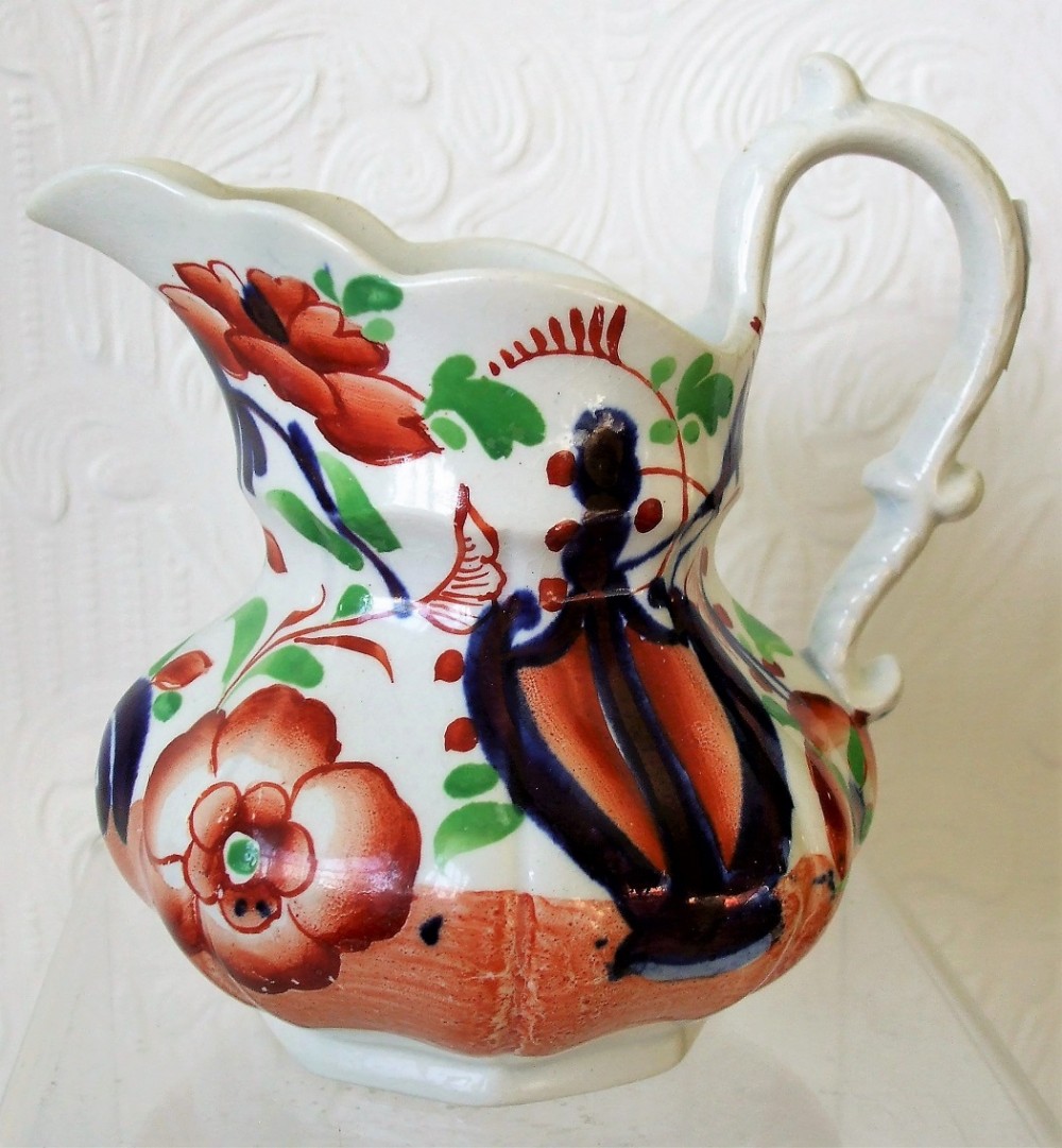 antique victorian gaudy welsh pagoda pattern pottery pouch jug