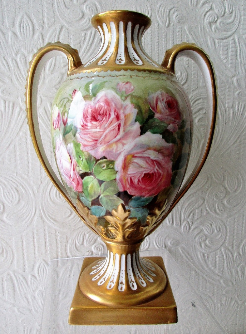 english handpainted and gilded porcelain vase cream and pink roses reginald johnson