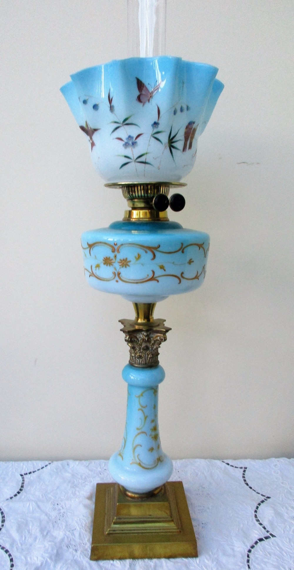antique english victorian blue glass column oil lamp