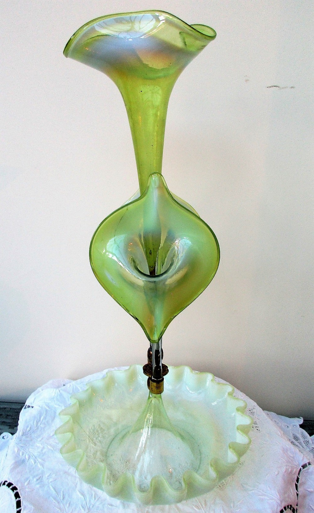 antique english victorian art nouveau green glass epergne