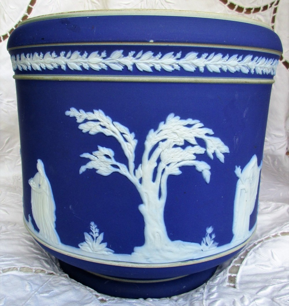 antique english victorian blue jasperware jardiniere william adams sons