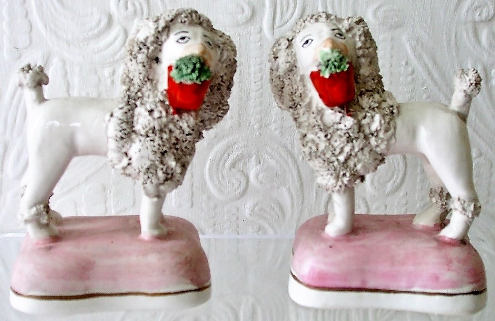pair of antique english victorian staffordshire pottery miniature poodles james dudson of hanley