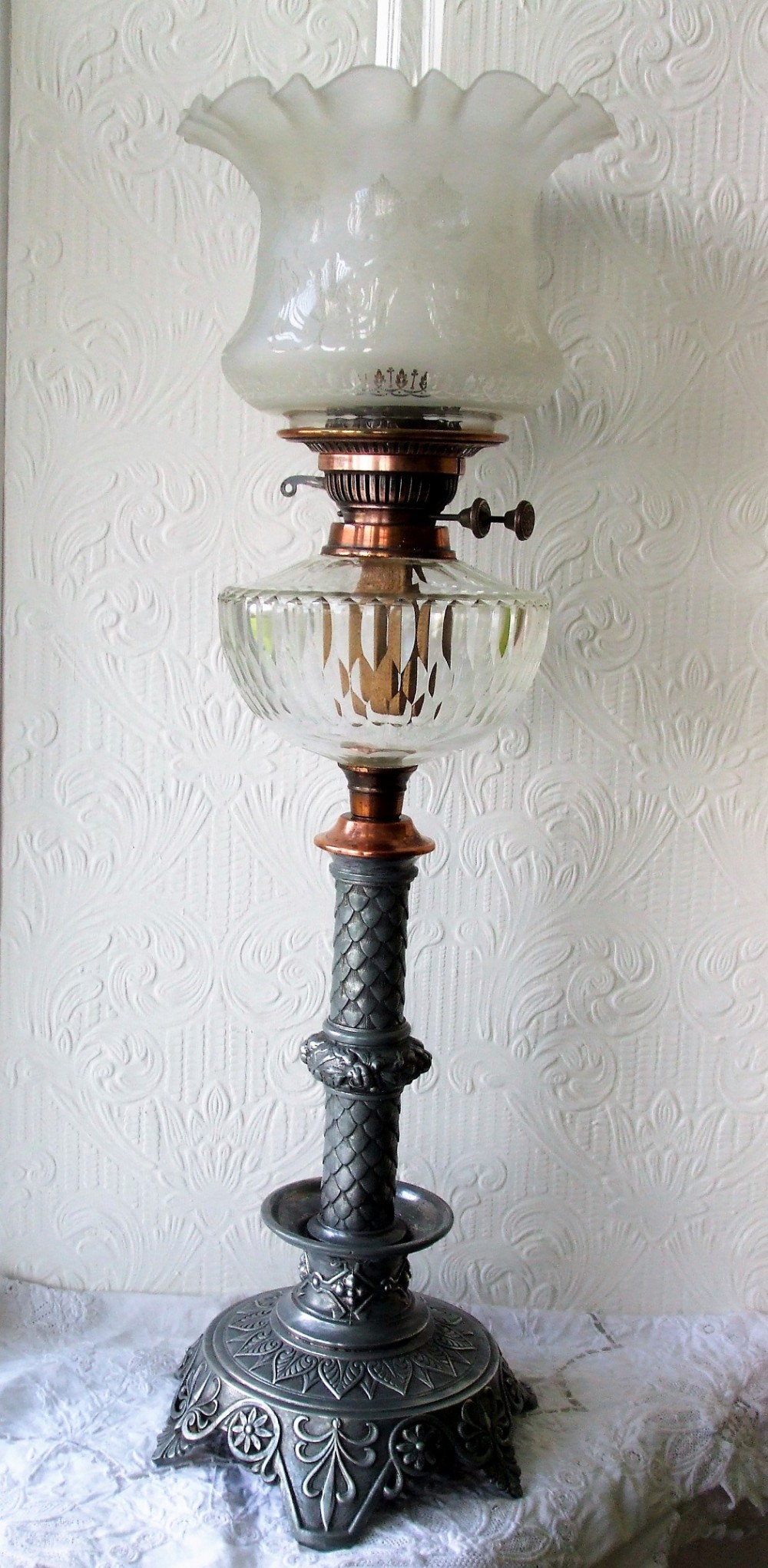 antique english victorian pewter and copper oil lamp