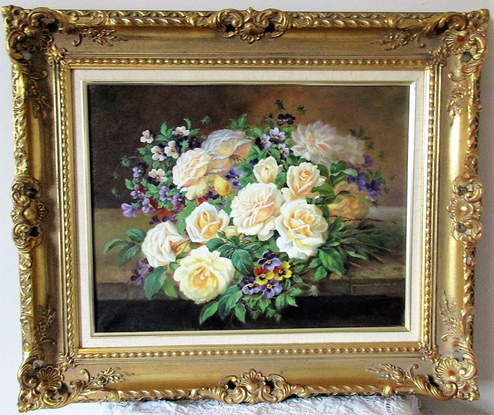 cream roses and pansies oil painting on canvas reginald johnson