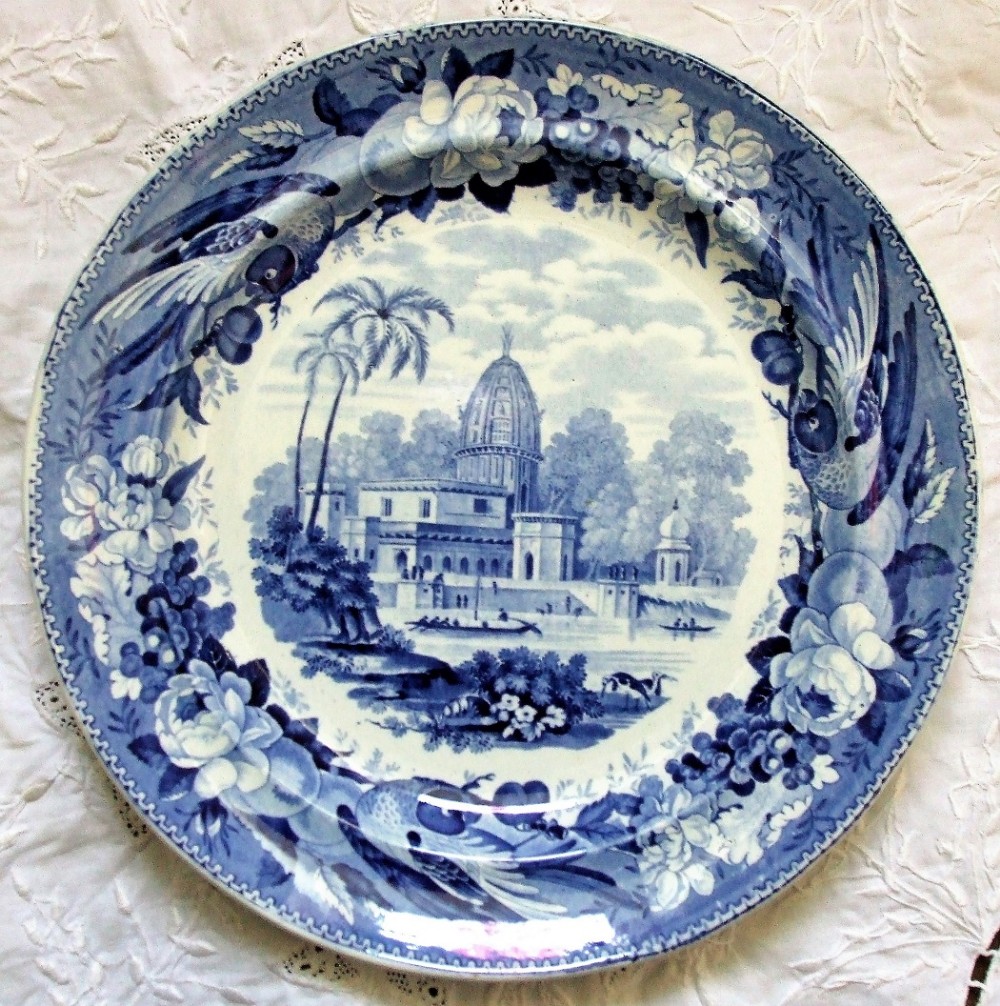 antique english georgian blue and white transfer surseya ghaut khanpore pattern pottery plate parrot border series sack 53