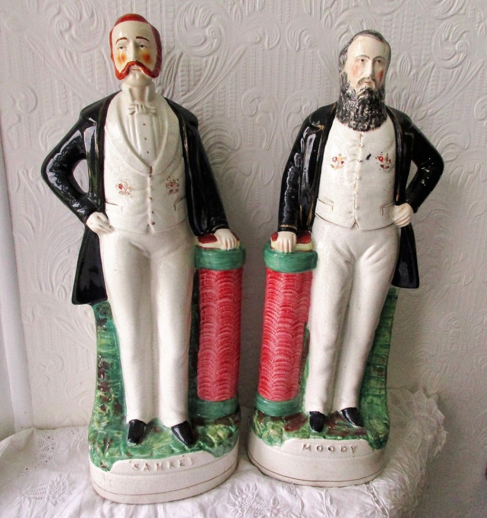 pair of antique english victorian staffordshire pottery portrait figures moody p d9 h 59 and sankey p d10 h 84
