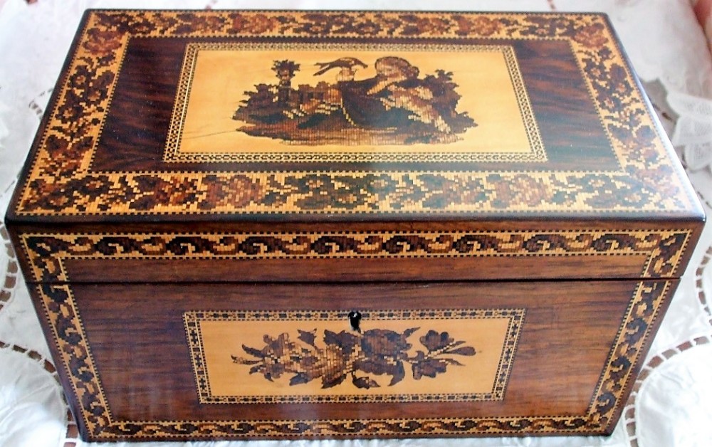antique english victorian tunbridge ware tea caddy henry hollamby