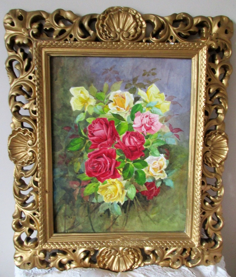 roses in gesso frame watercolour reginald johnson