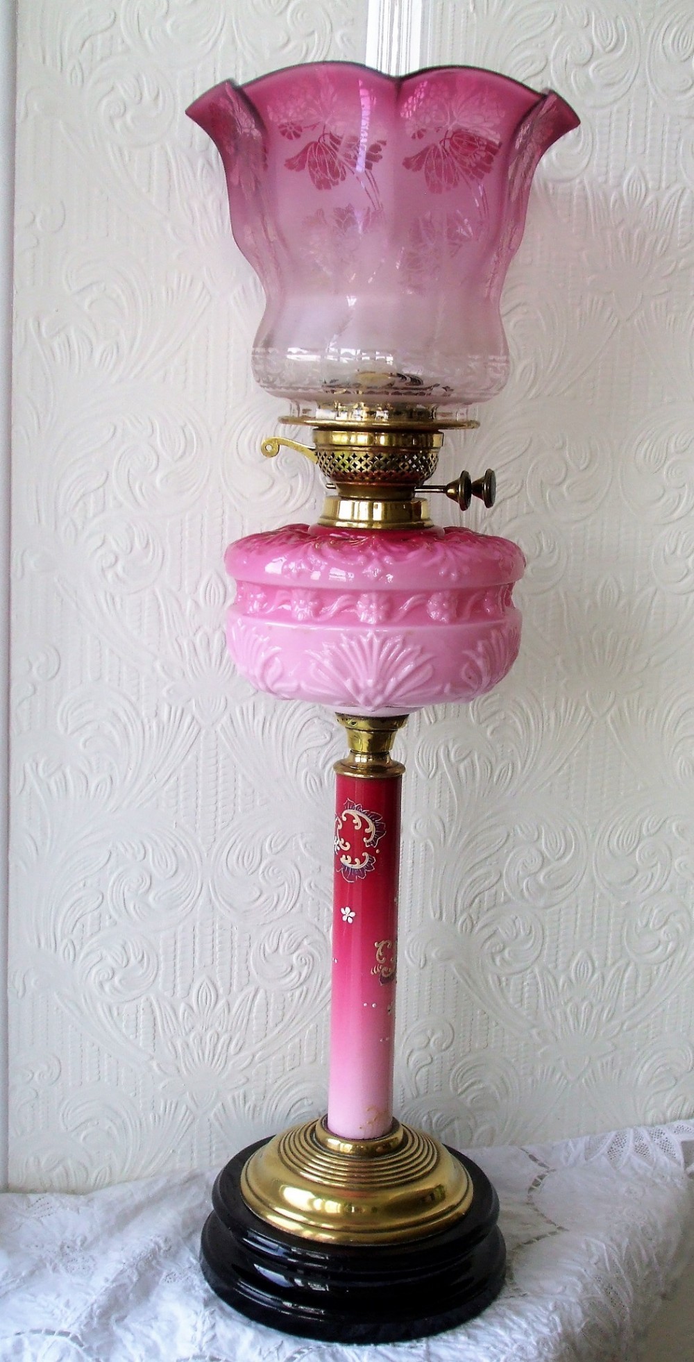 antique english victorian glass column oil lamp