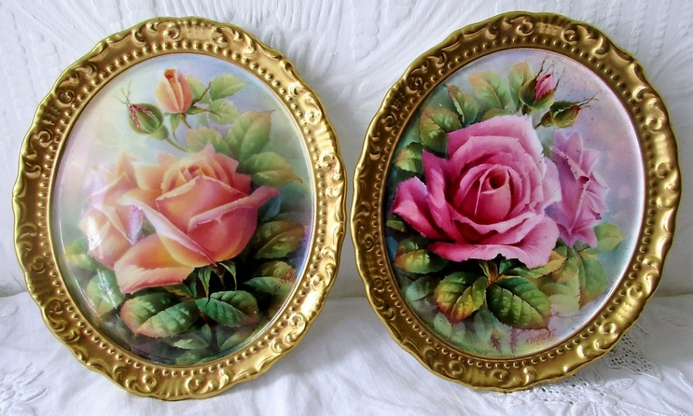 pair of vintage paragon english porcelain roses plaques signed f wright