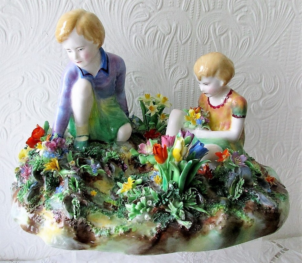 vintage crown staffordshire english porcelain figure group picking flowers tm bayley