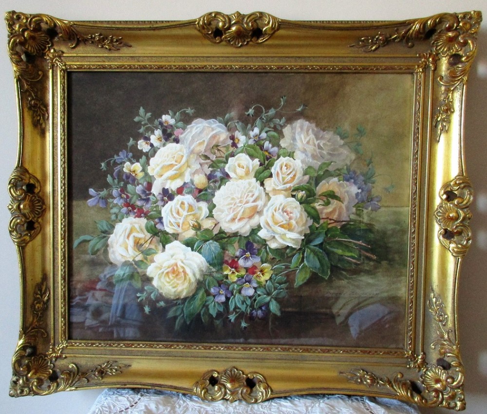 cream roses and violas watercolour reginald johnson