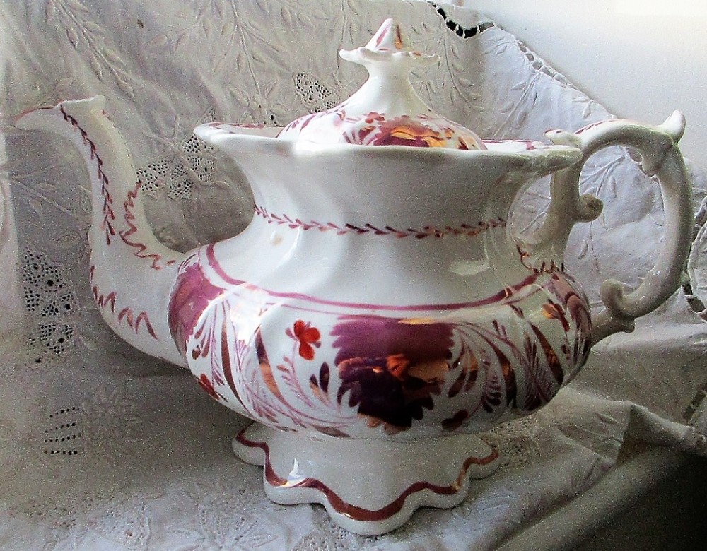 antique victorian pink lustre autumn leaf pattern porcelain teapot