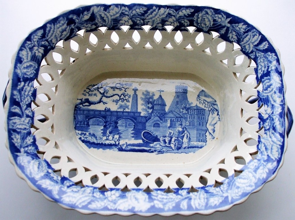 antique english georgian blue and white transfer river scene with fort pattern pottery chestnut basket james and ralph clews