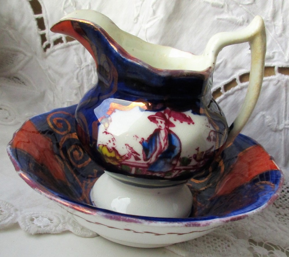 antique victorian gaudy welsh chinoiserie pattern miniature ewer and basin