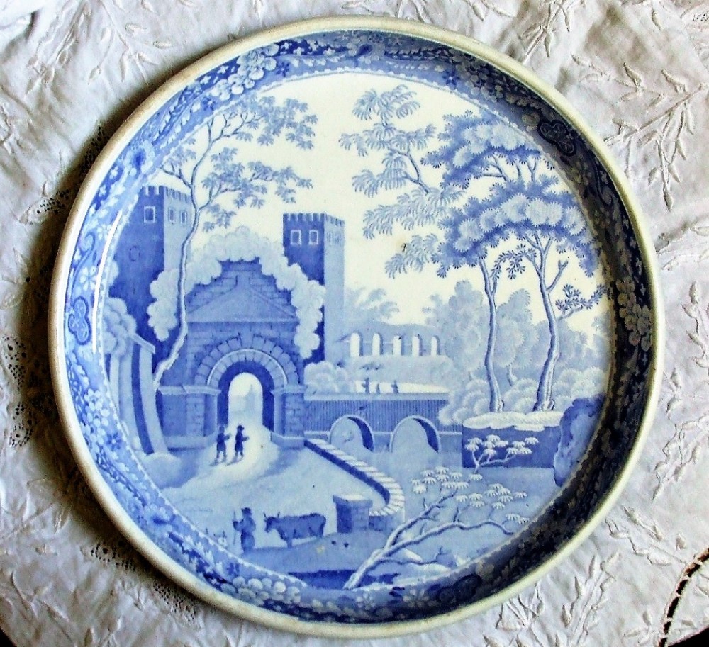 antique english georgian blue and white transfer castle pattern tazza spode