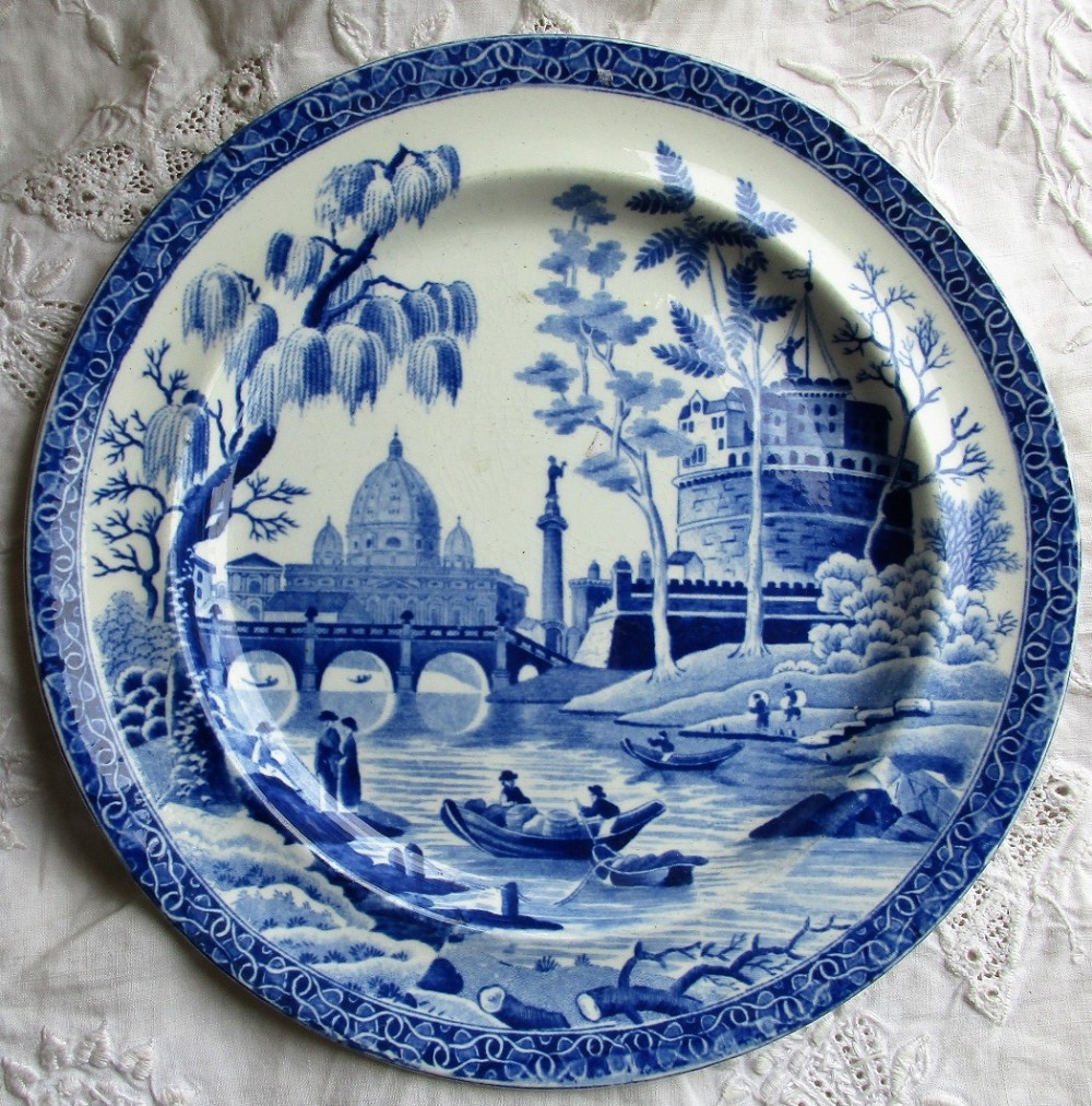 antique english georgian blue and white transfer pottery dessert plate rome tiber pattern spode