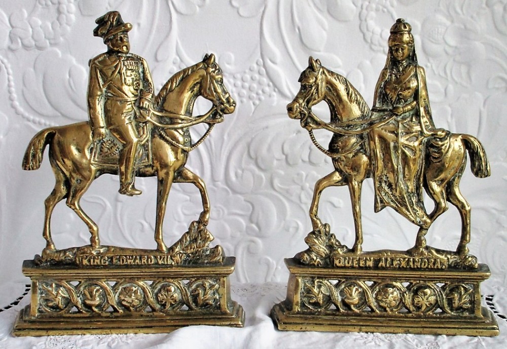 pair of antique english edwardian brass chimney ornaments king edward vii queen alexandra