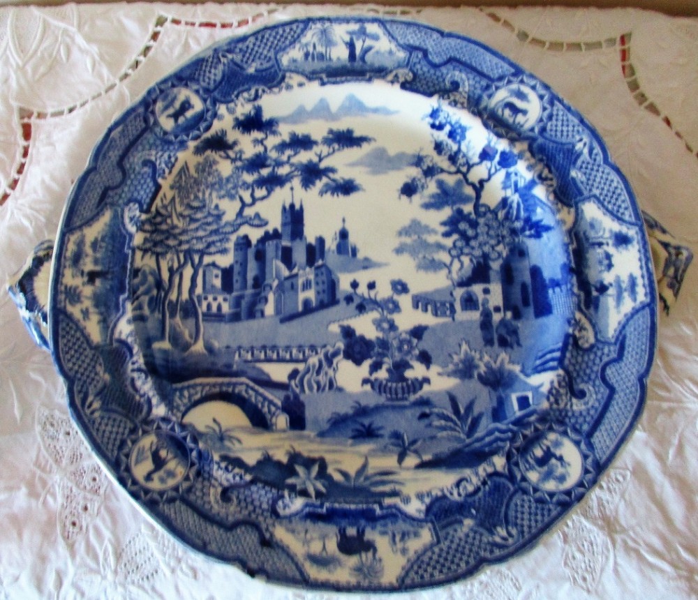 antique english georgian blue and white transfer gothic castle pattern pottery hotwater plate spode