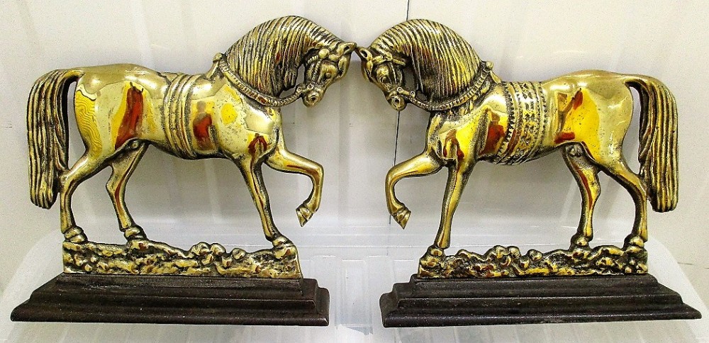 pair of antique english georgian brass chimney horses door porters