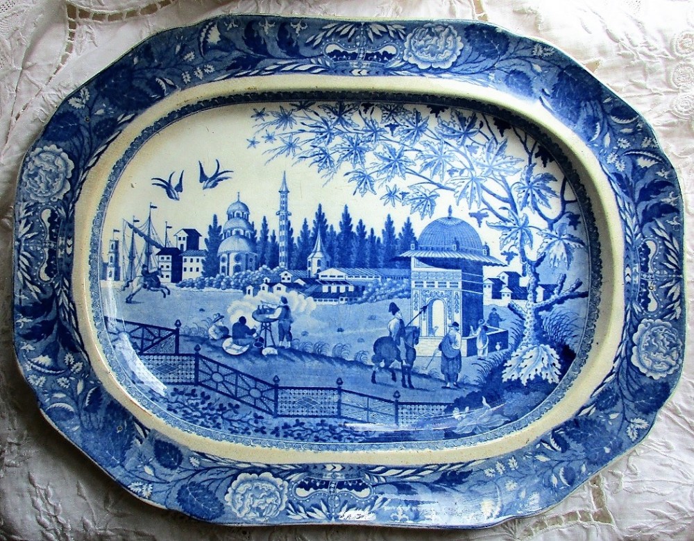 antique english georgian blue and white transfer pottery serving dish platter eastern port john william ridgway