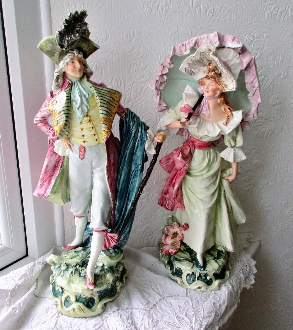 pair of antique french faience figurines a gallant and his lady
