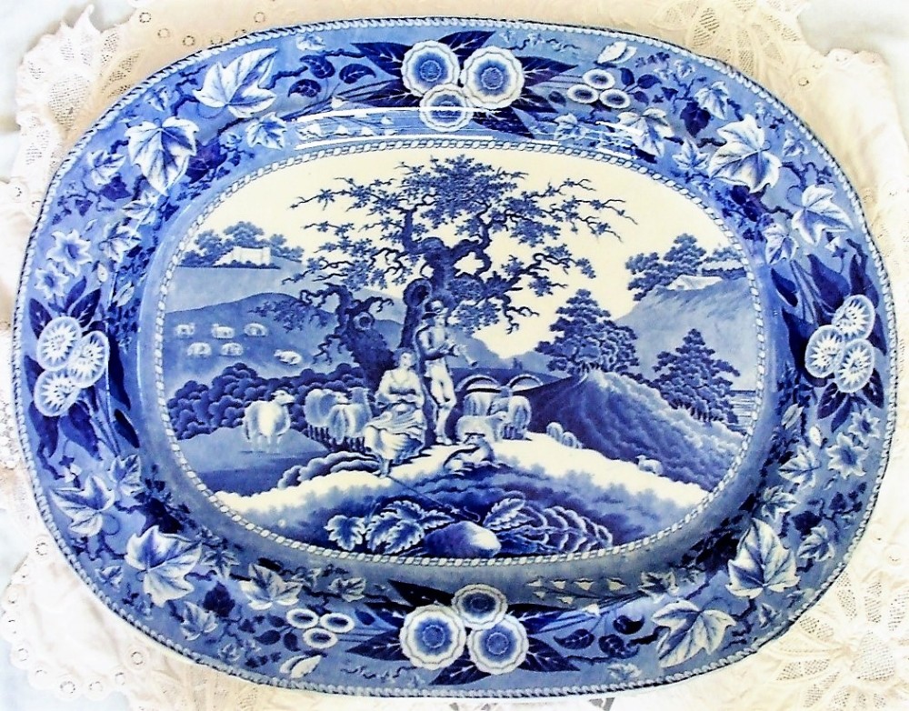 antique english georgian blue and white transfer piping shepherd pottery serving dish platter