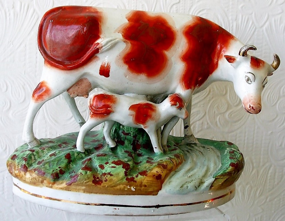 antique english victorian staffordshire pottery cow and calf figure group h 4612