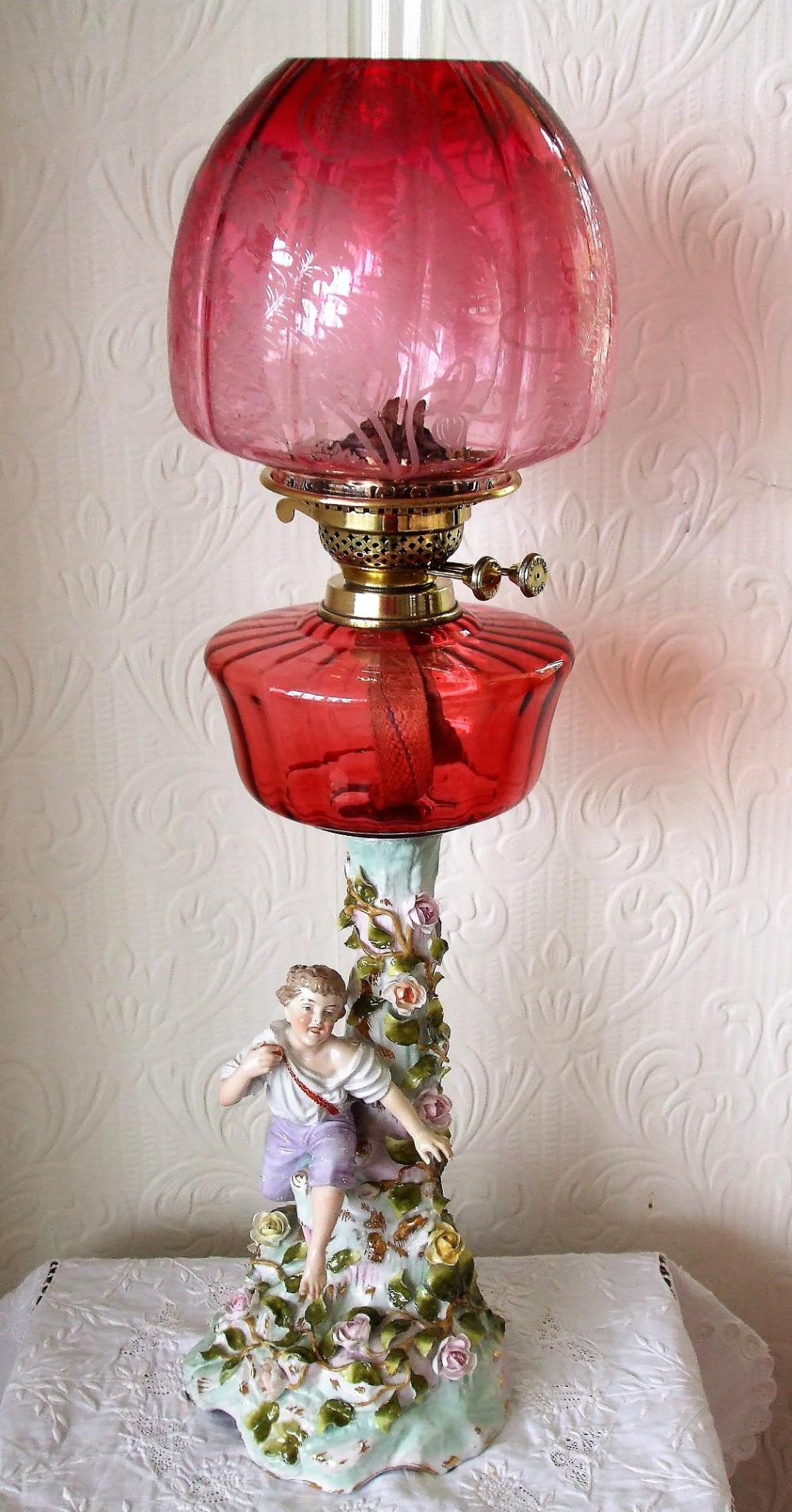antique german victorian porcelain and cranberry glass oil lamp von schierholz of plaue