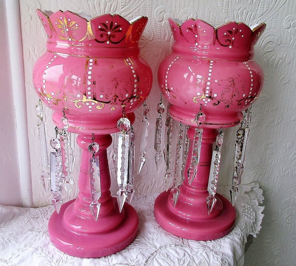 pair of antique english victorian pink glass lustres