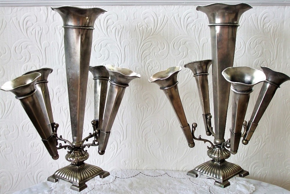 pair of antique english victorian arts and crafts pewter epergnes