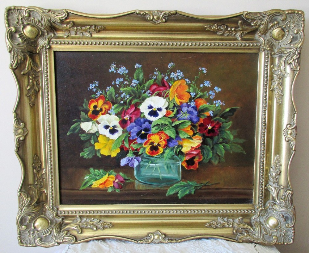 pansies and forgetmenots oil painting on canvas reginald johnson c1992