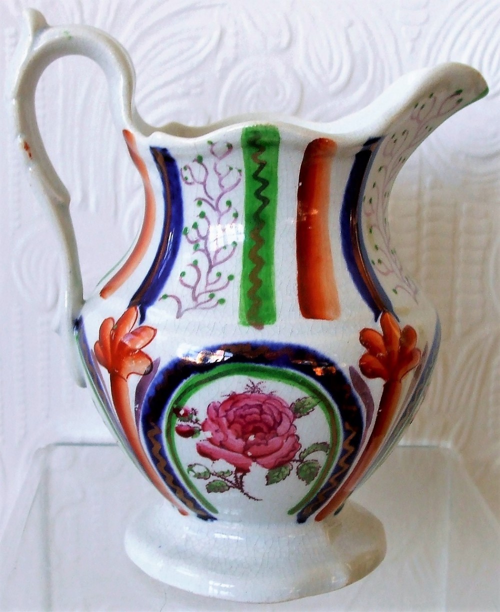 antique victorian gaudy welsh pink rose and stripe pattern pottery jug