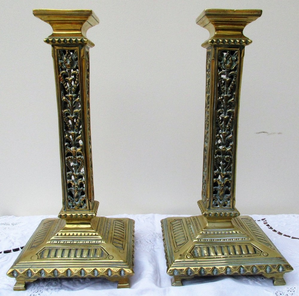 pair of antique french belle poque cast brass candlesticks