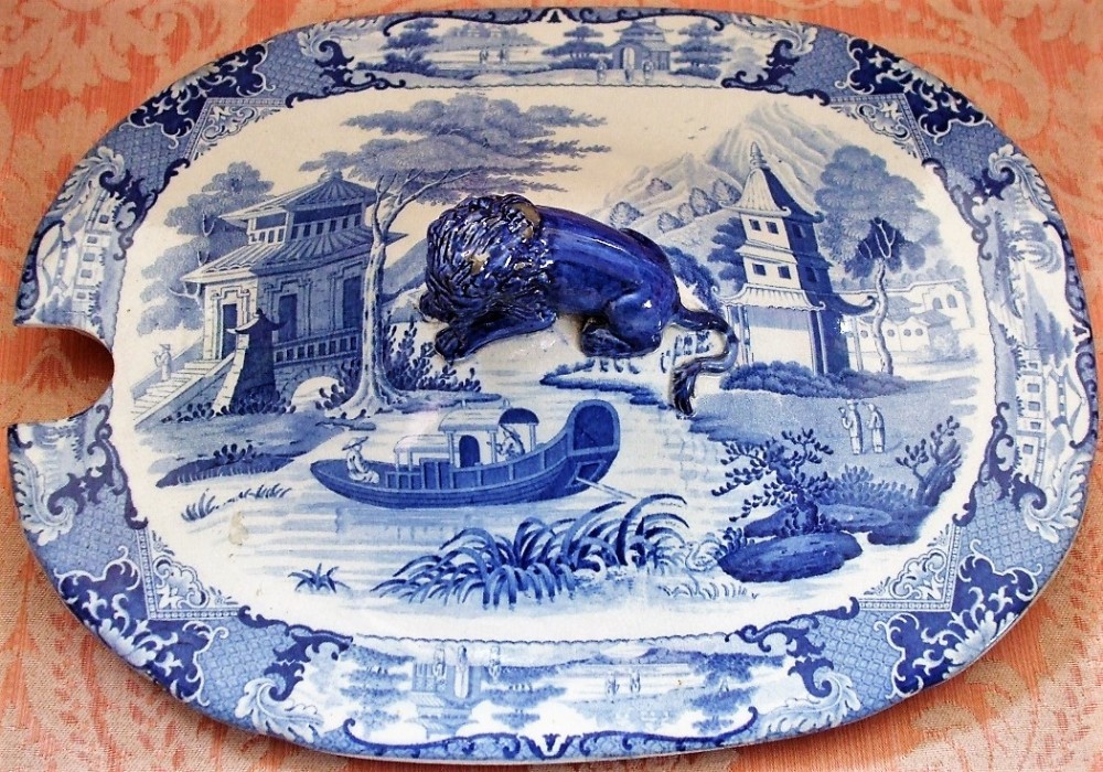 antique english georgian blue and white transfer canton river scene pattern pottery tureen cover by robert hamilton of stoke