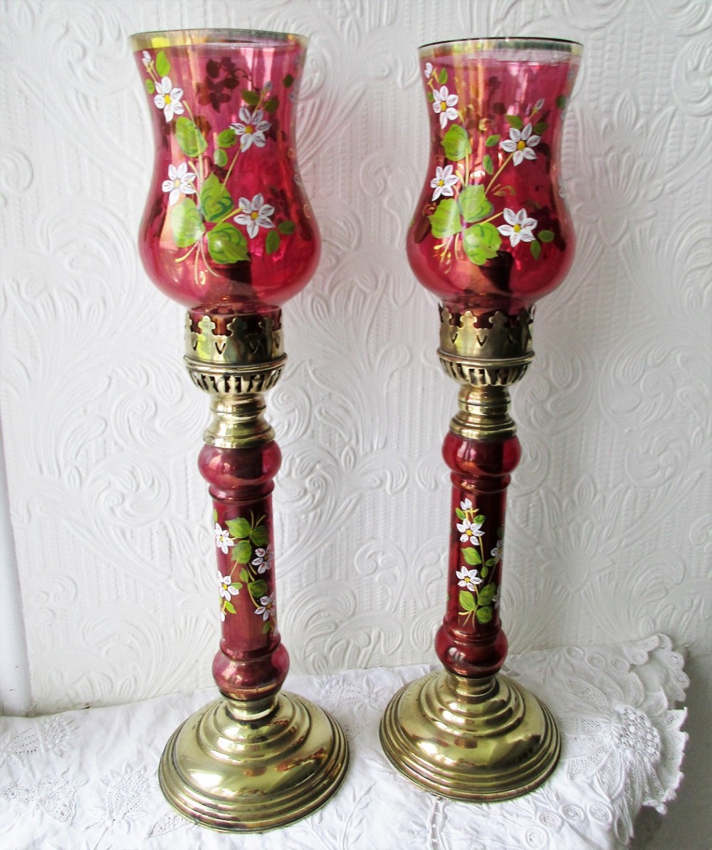 pair of antique english victorian brass and glass candlelamps
