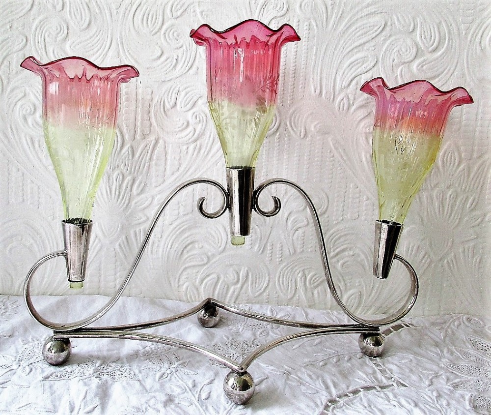 antique english victorian vaseline glass and silver plate epergne