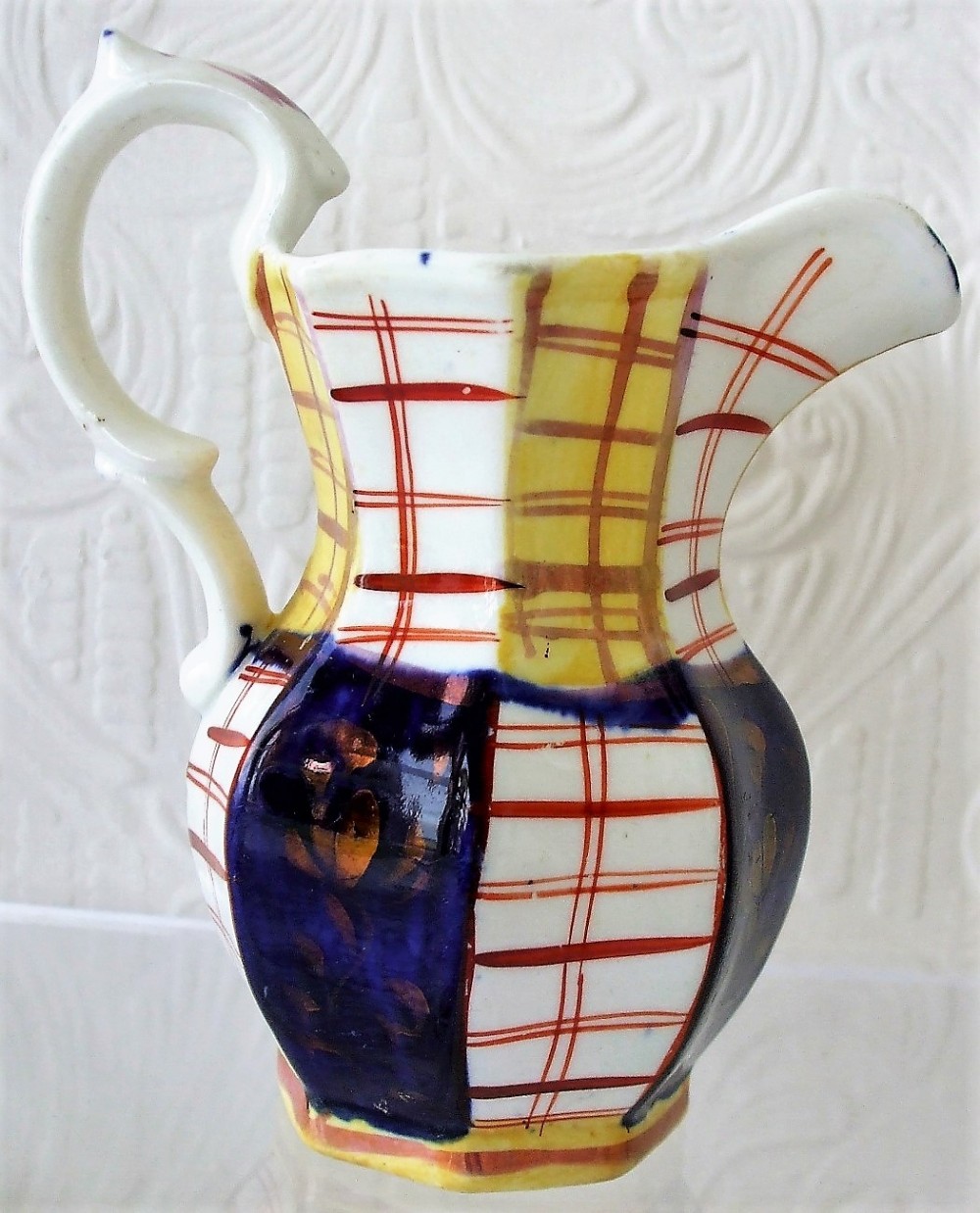antique victorian gaudy welsh tartan pattern pottery jug