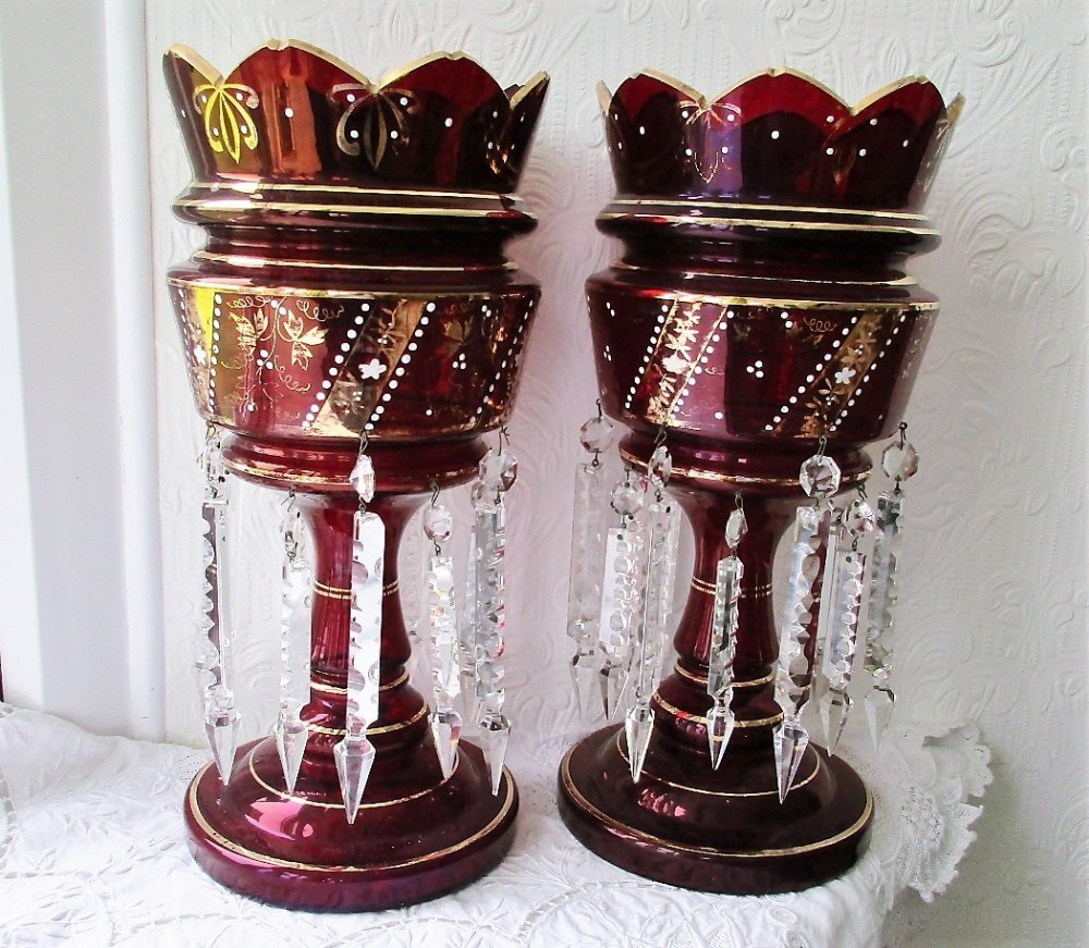 pair of antique english victorian ruby glass lustres
