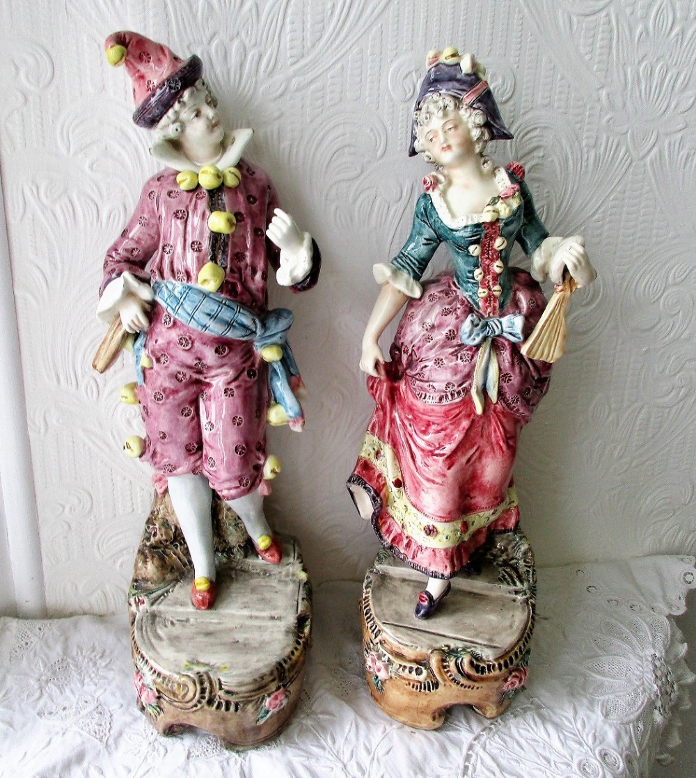 pair of vintage french faience carnival figurines