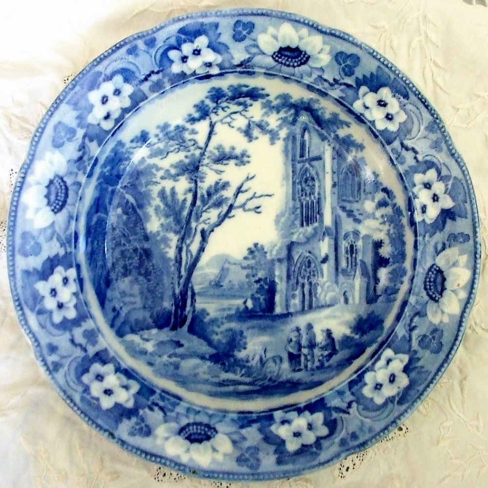 antique english georgian blue and white transfer rustic scenes series gothic ruins pattern pearlware soup plate john davenport of longport