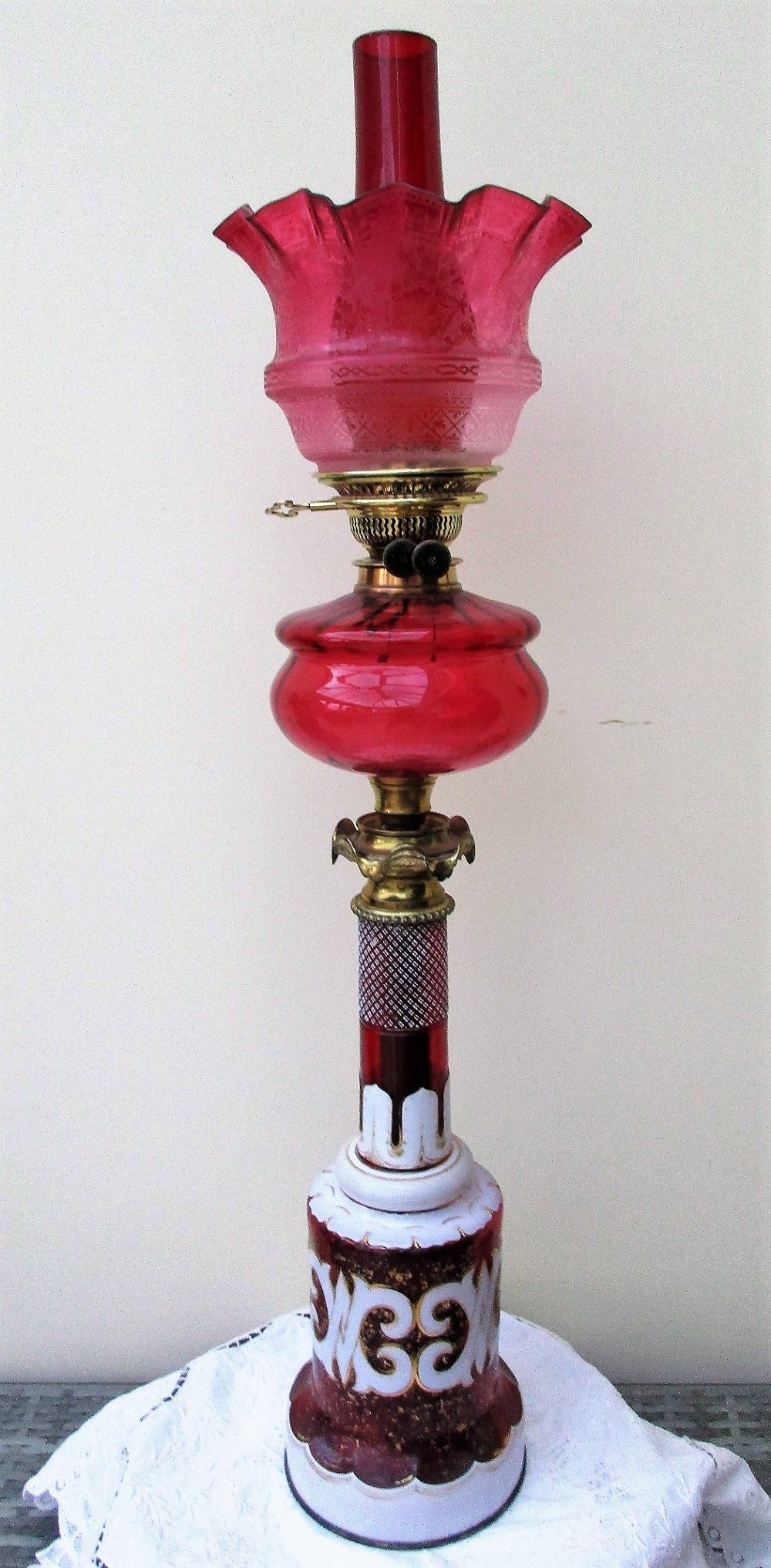 antique english victorian ruby and cranberry glass banqueting oil lamp