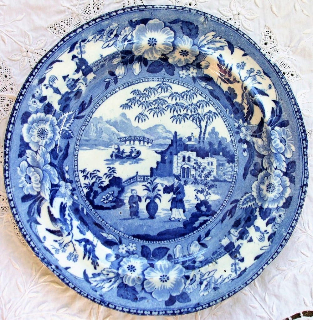 antique english georgian blue and white transfer chinese flowering pot pattern pottery plate