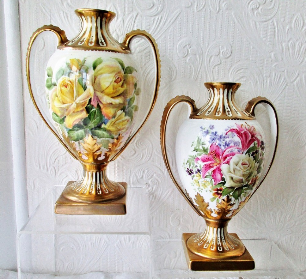 pair of english porcelain handpainted and gilded vases botanical decoration reginald johnson