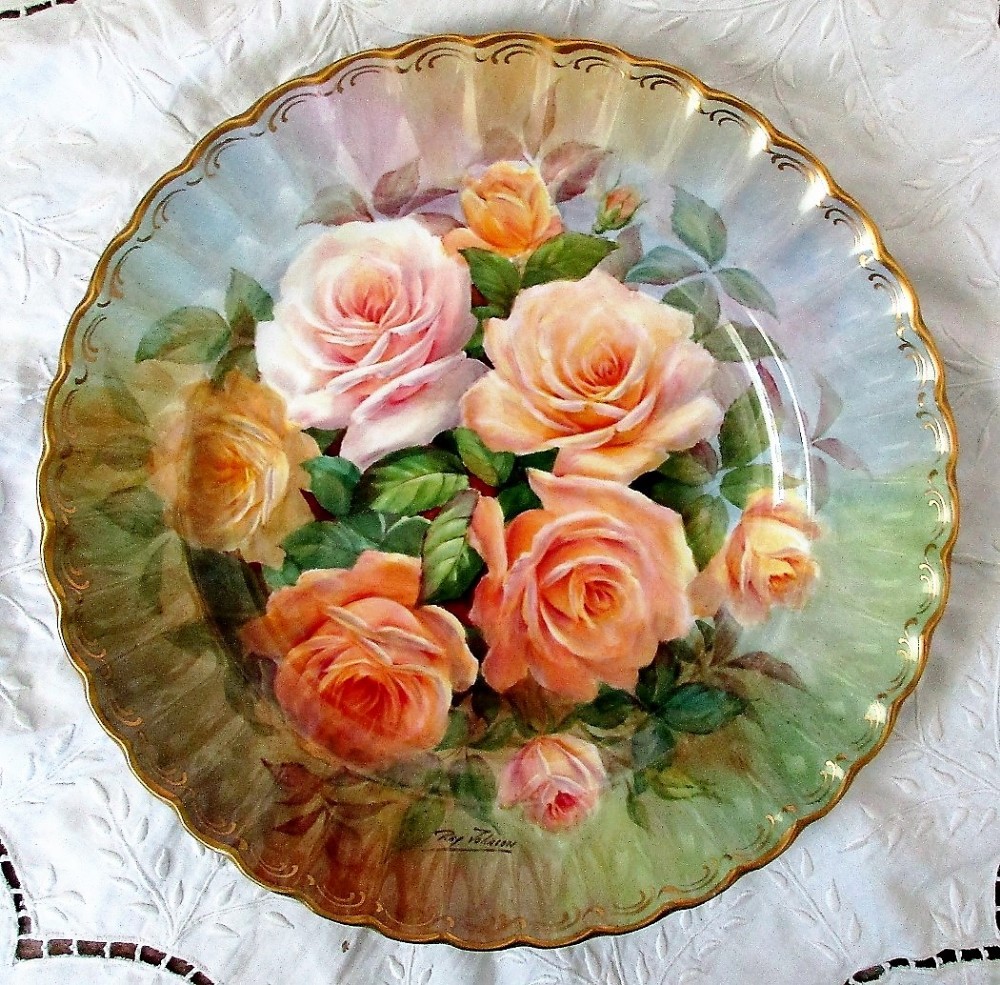 english porcelain cabinet plate peach rose bouquet reginald johnson