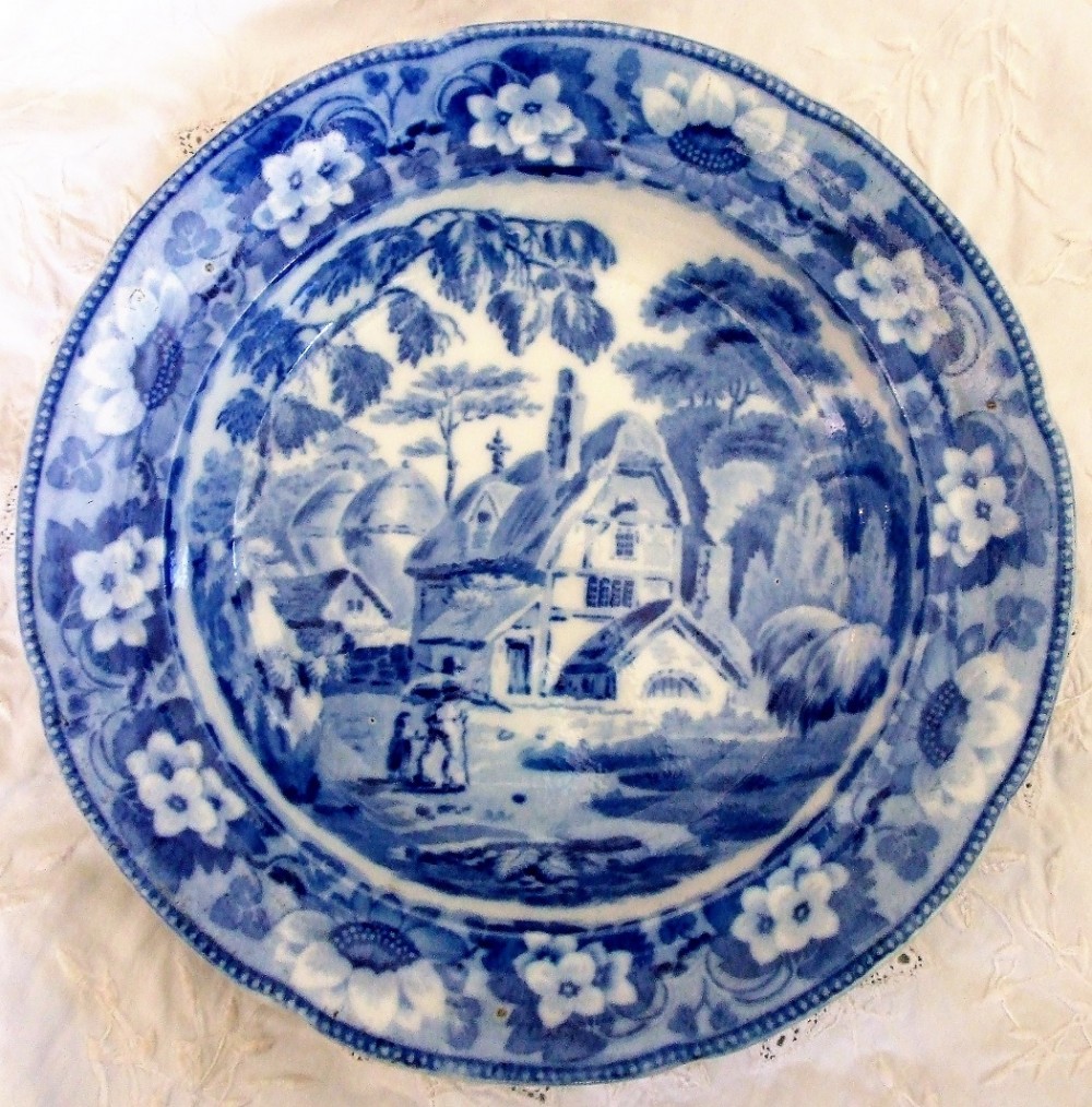 antique english georgian blue and white transfer rustic scenes series returning home pattern pearlware soup plate john davenport of longport