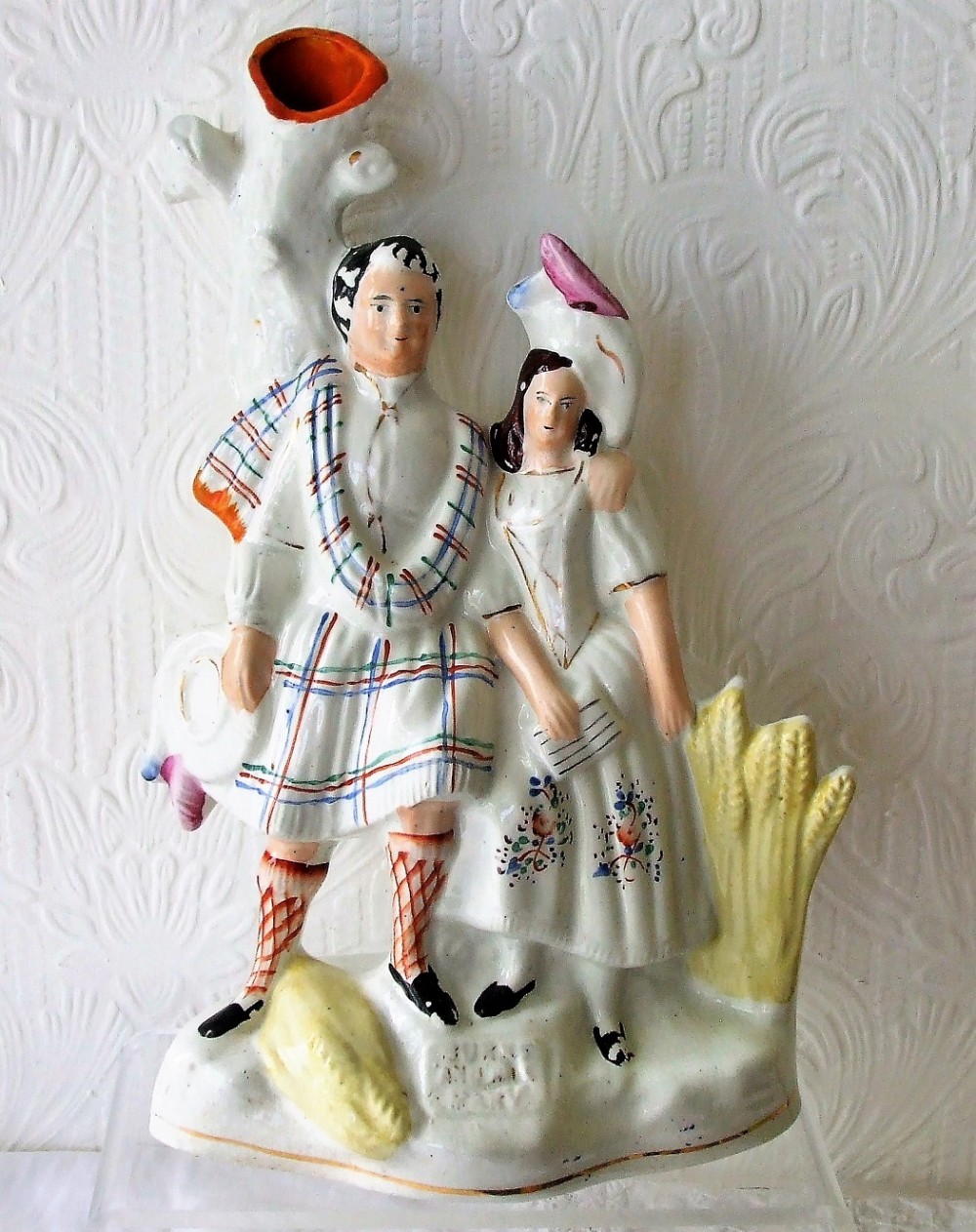 antique english victorian staffordshire pottery spill vase group robert burns and highland mary p h47 h 62